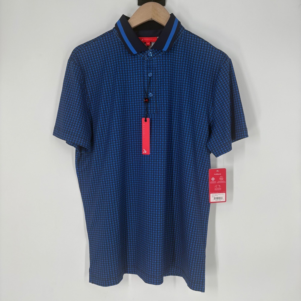 REDVANLY Norvins Polo Shirt Mens Medium Marine Blue Geometric Print R2501‎ NWT